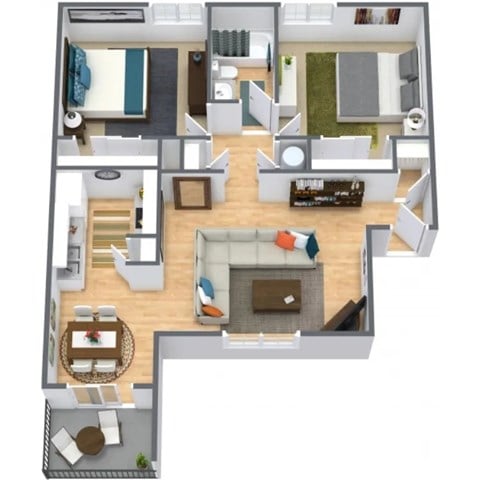 Floor plan for 2 beds, 1 bath, 870 sqft
